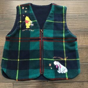 Disney Winnie The Pooh Vest Womens M Fleece Embroidered plaid Green Front Zip